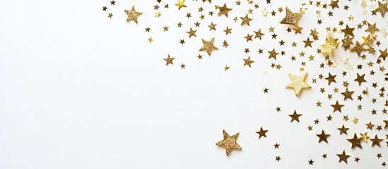 Fototapeta premium Gold stars scattered across a white background with ample empty space on the left for personal messages or notes in a greeting card design