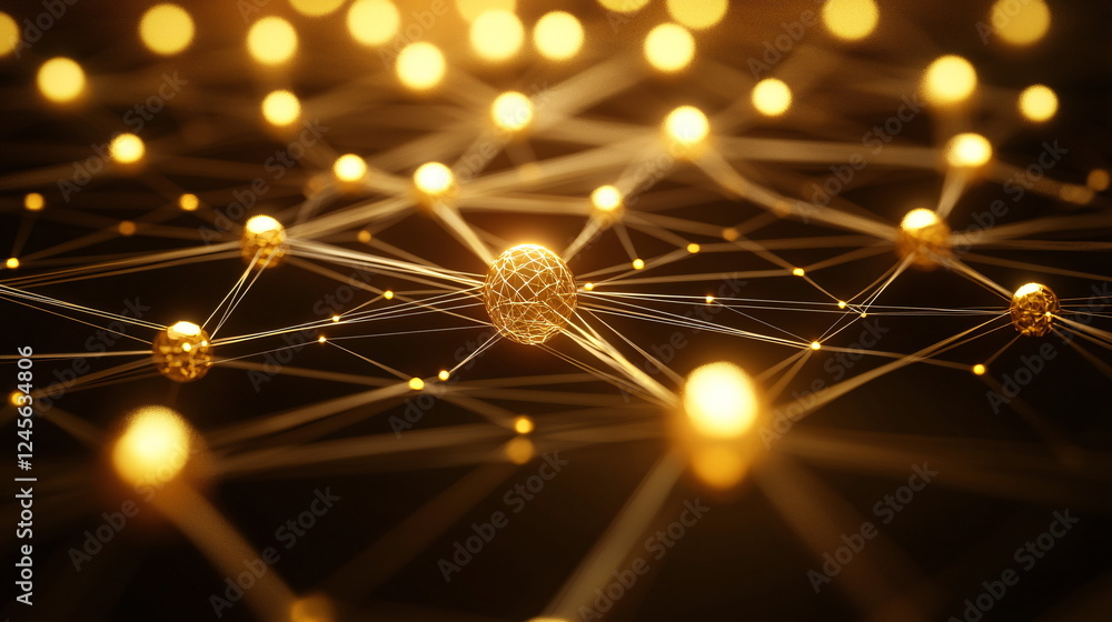 Aufkleber glowing golden spheres connected by delicate lines in an abstract representation of a network, symbo