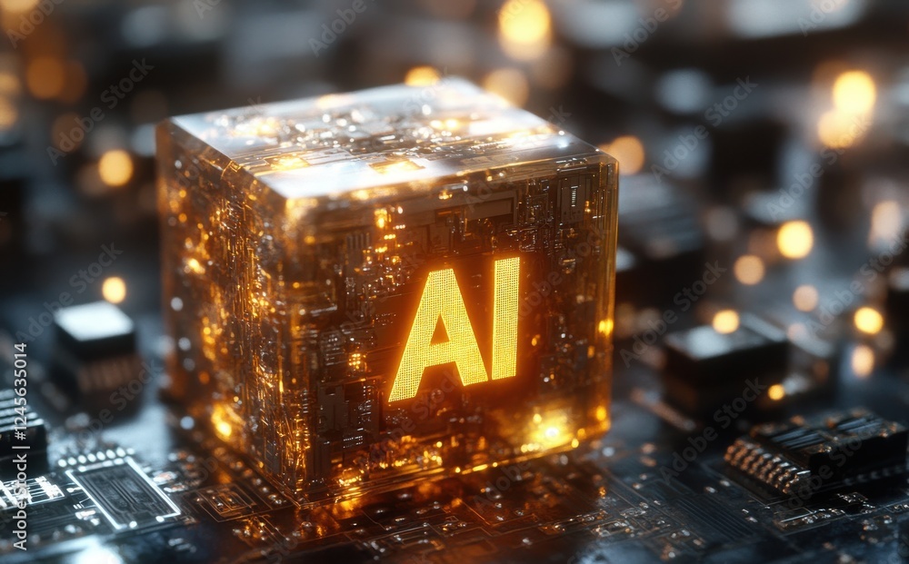 Poster glowing ai chip on circuit board representing advanced technology and innovations in artificial inte