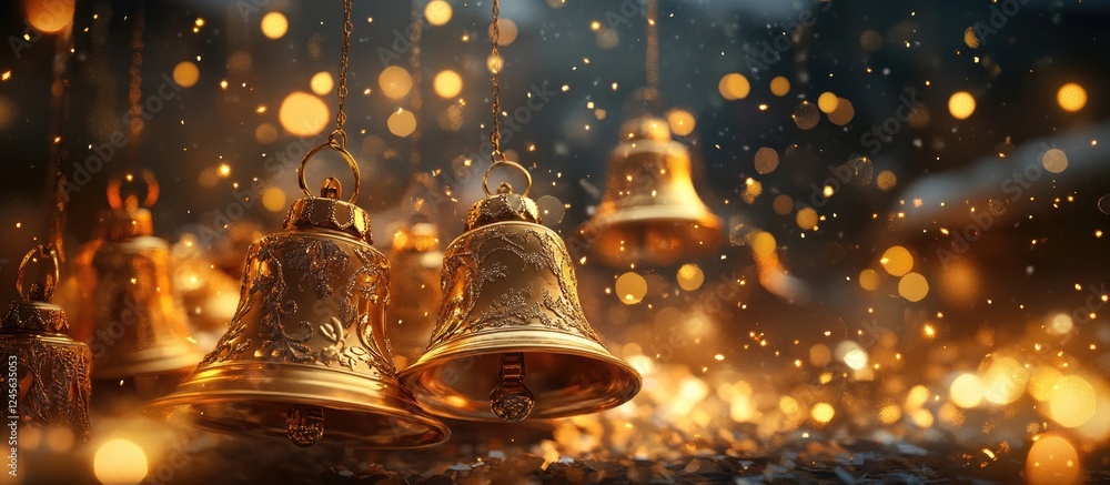 Poster Golden bells glimmering in the foreground with soft golden bokeh lights in a blurred background create a warm festive holiday ambiance.