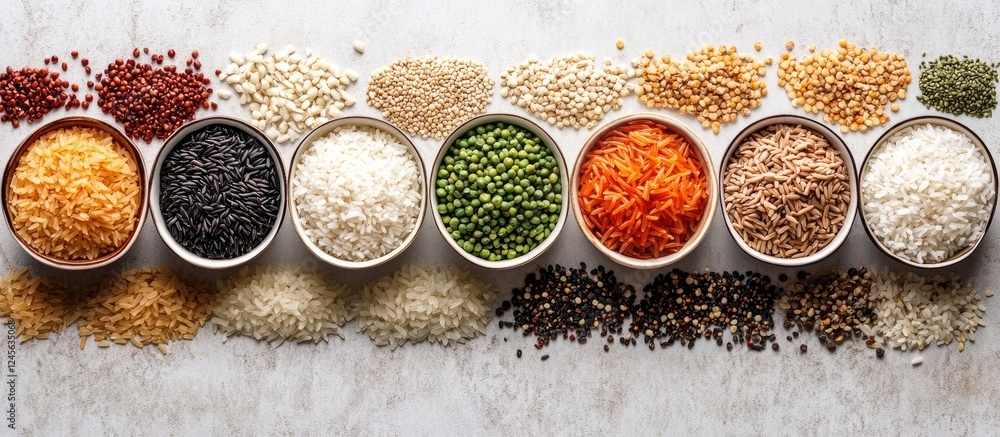 Poster bowl of assorted grains and legumes in rows on a textured white surface with a mix of colors includi