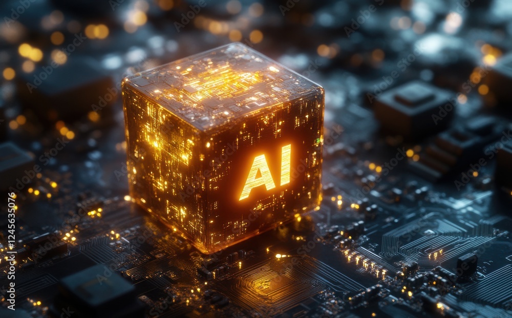 Poster glowing ai cube on circuit board surface representing advanced technology and future innovations in 
