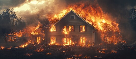Fototapeta premium Destructive house fire with intense flames engulfing the structure, dark smoke rising into a vibrant sunset sky, surrounded by shadowy trees.