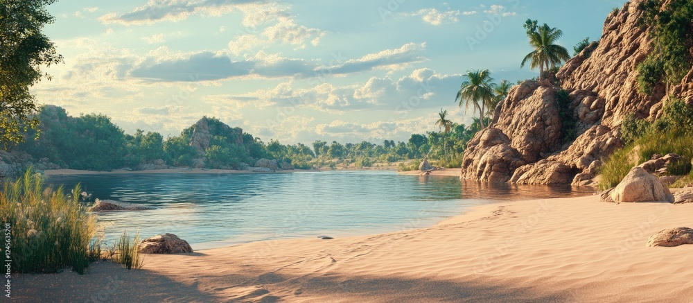 Poster serene sandy beach landscape featuring calm river waters and lush greenery under a blue sky with flu