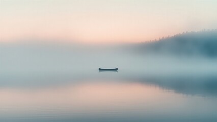 Serene Canoe Amidst Misty Waters at Dawn