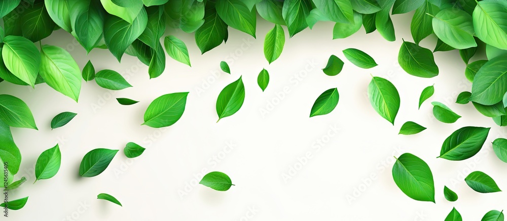 Aufkleber minimalistic background featuring green leaves scattered on a light background, varying shades of gr