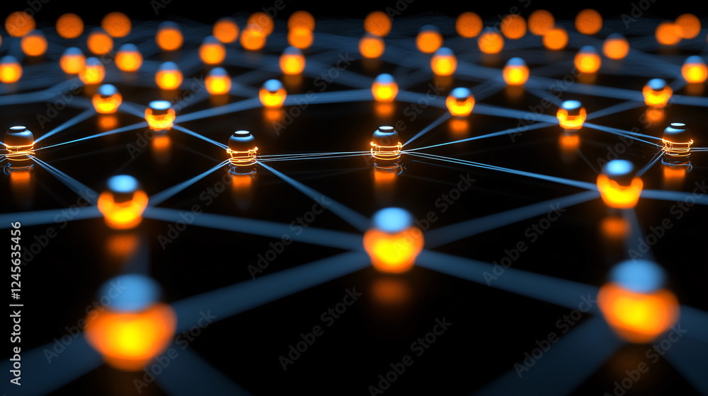 Poster glowing orange spheres connected by blue lines on a dark background, creating an intricate network d