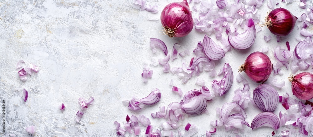 Poster diced purple onions and glossy fragments scattered on a textured white cutting board with a soft blu