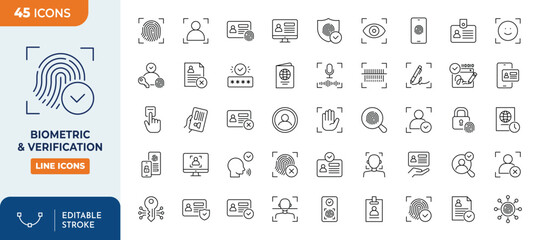 Biometric & Verification icon set. Containing ID card, biometric, Fingerprint, Person Identification, Passport, Legal Document, and more. Outline Icon Collection. Vector illustration. Editable stroke