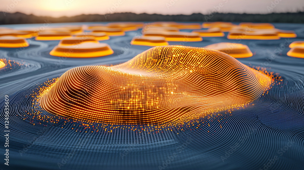 Poster illuminated digital landscape with glowing orange structures on a textured surface, creating a vibra