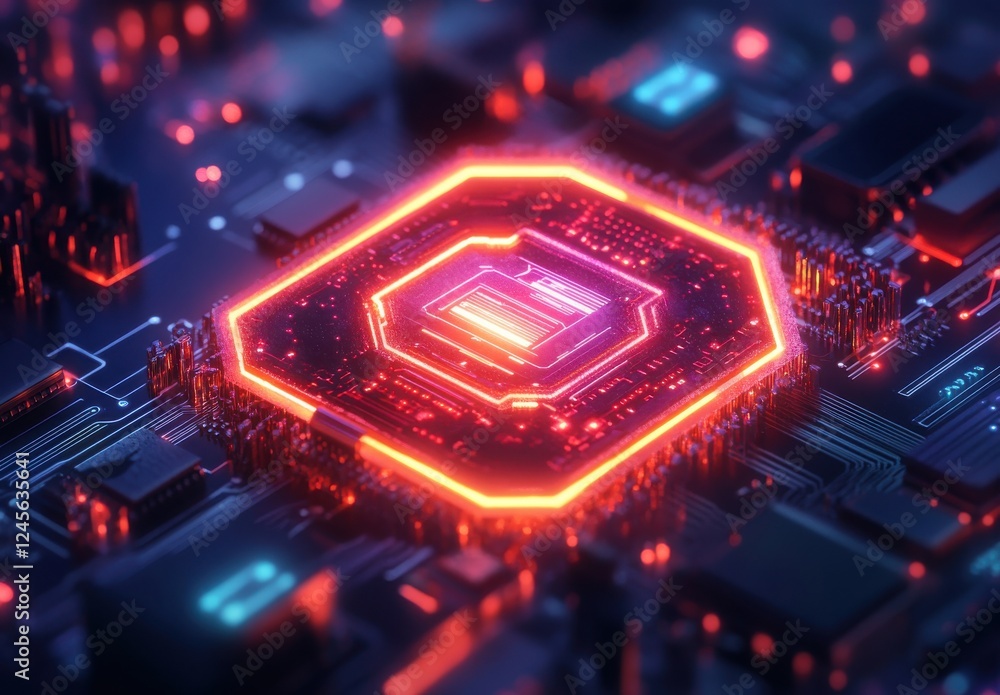 Poster glowing circuit board with neon accents, futuristic technology concept, high-tech microchip, digital