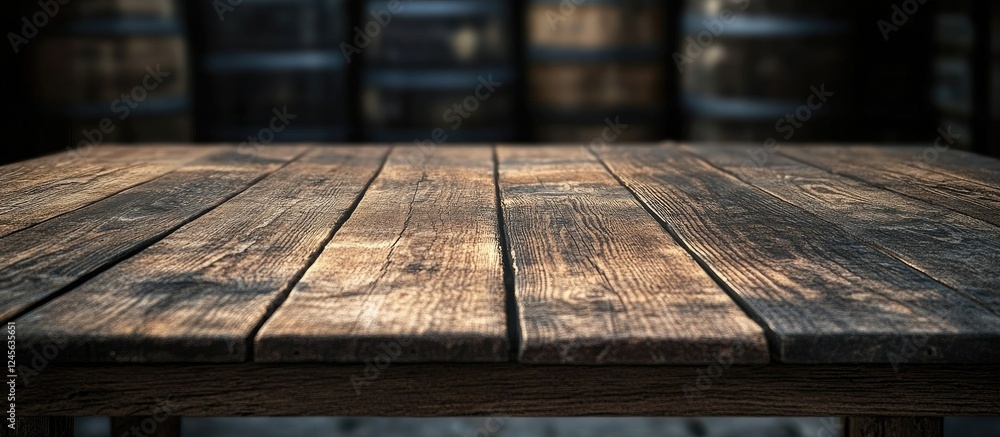 Poster rustic dark wooden table top in foreground with vintage barrels blurred in background creating a cla