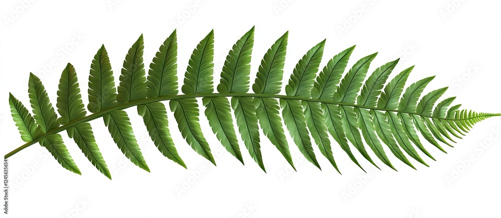 Poster lush deep green fern leaf displayed horizontally on a white background highlighting intricate frond 