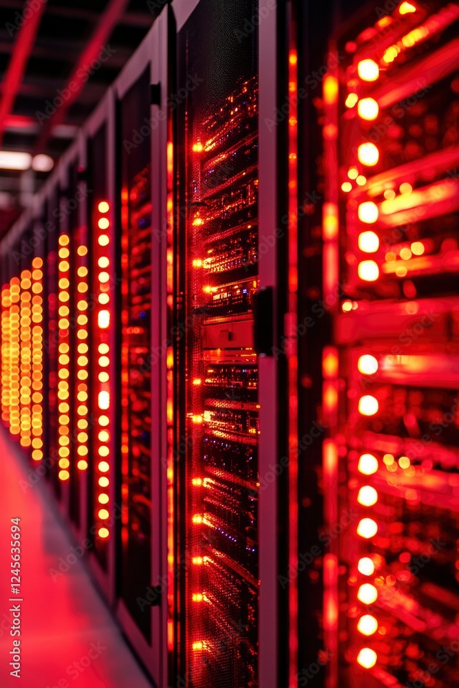 Poster illuminated server racks in a modern data center