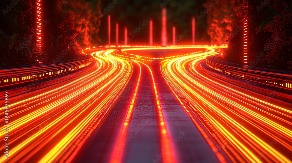 Aufkleber glowing red lights streaking through a dark landscape, creating a mesmerizing visual of flowing ener