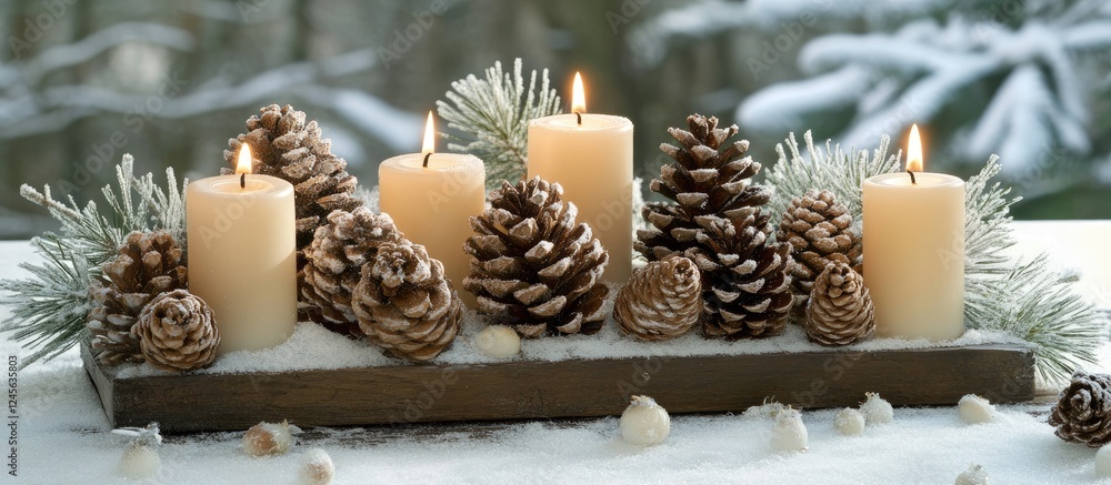 Poster cozy winter scene featuring five lit cream candles on a wooden tray surrounded by pine cones and sno