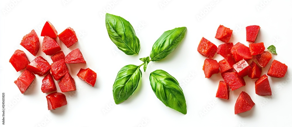 Poster diced red paprika and fresh green basil arranged in a striking symmetrical pattern on a white backdr