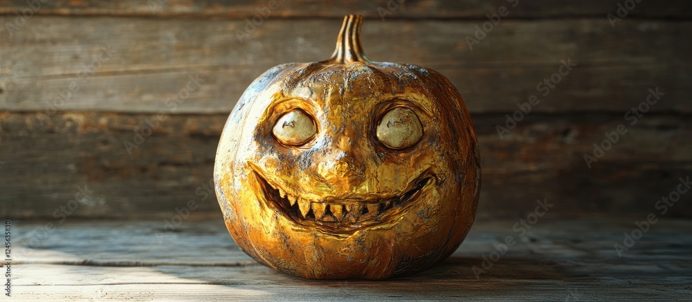 Aufkleber rustic wooden background featuring a golden pumpkin face with charmingly exaggerated features and br
