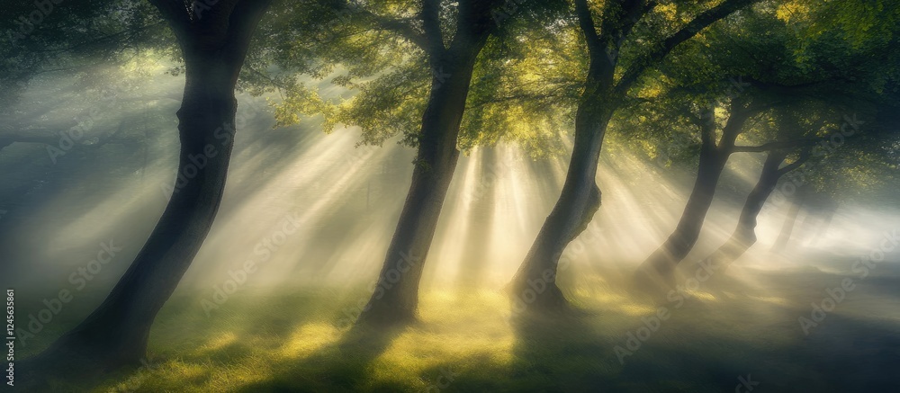 Poster Serene foggy forest with vibrant green trees softly illuminated by golden sunlight filtering through trunks in a tranquil morning setting
