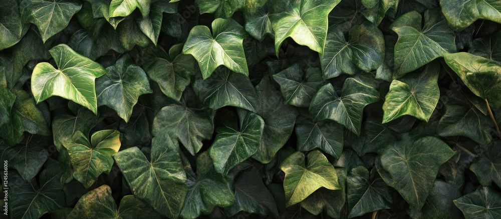 Poster dense wall of lush green ivy leaves in varying shades of green creating a vibrant natural backdrop w