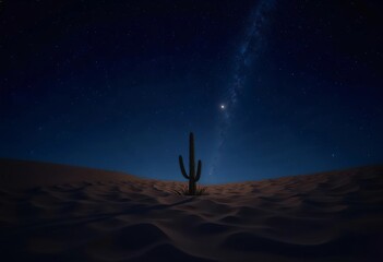 Fototapeta premium Night Sky Over a Solitary Cactus in the Tranquil Desert Landscape. Generative AI