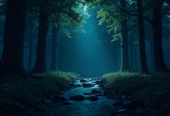 Mysterious Forest Stream Illuminated by Soft Moonlight at Twilight. Generative AI