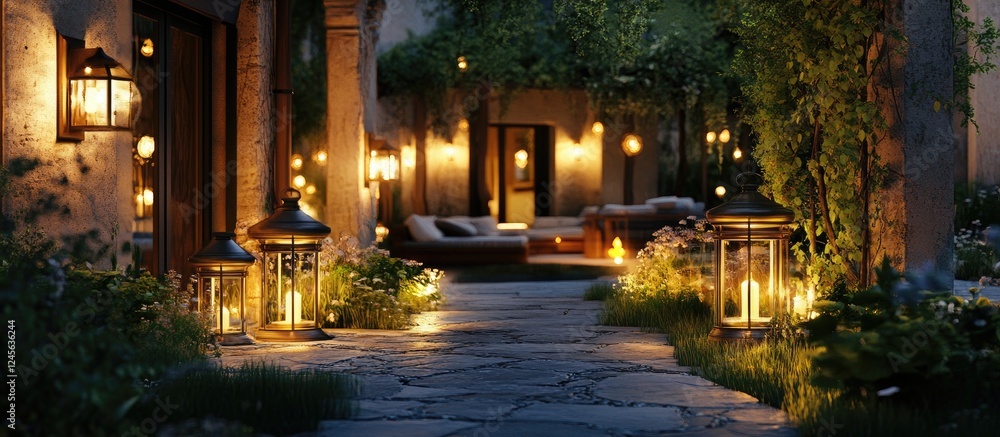 Poster evening garden path adorned with modern and traditional lanterns casting warm golden light amidst lu