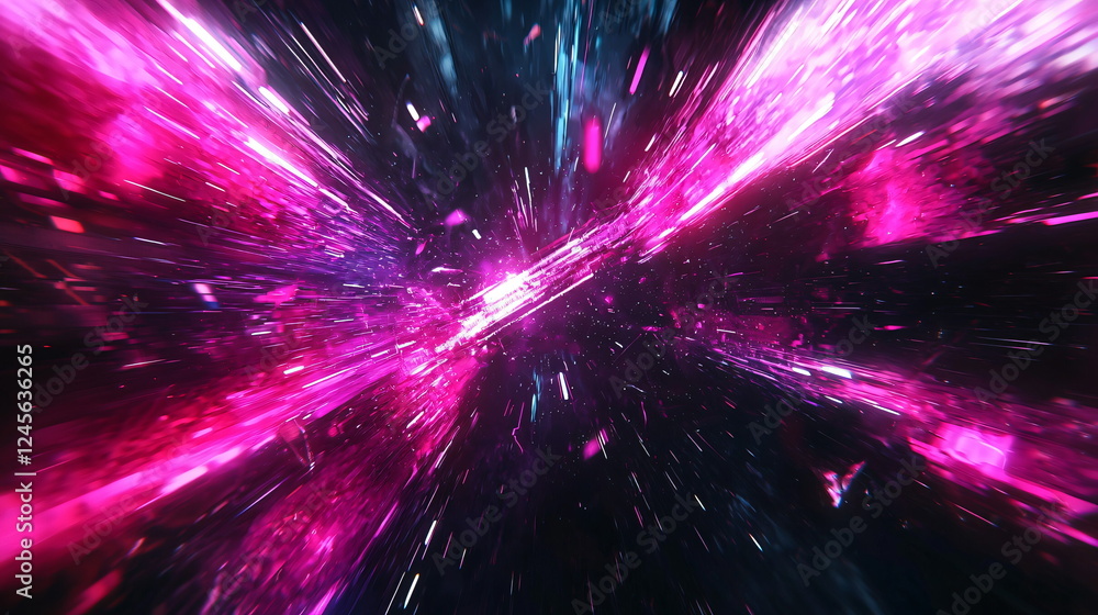 Poster electric pink sparks radiating through a cosmic space background, resembling a vibrant explosion of 