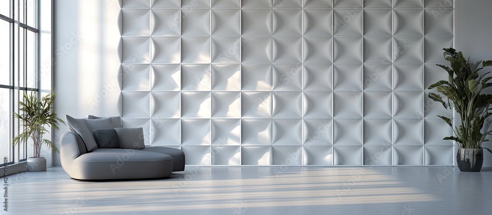 Aufkleber stylish glossy white 3d wall grid panel with textured design against large windows and grey couch cr