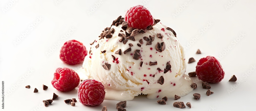 Poster spicy vanilla ice cream scoop topped with chocolate flakes and fresh raspberries on a white backgrou