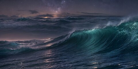 Fototapeta premium Ocean waves under the night sky, glowing with bright, galaxy-inspired colors