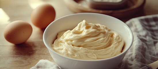 Creamy homemade mayonnaise in a white bowl surrounded by two brown eggs on a wooden table with a neutral fabric backdrop, inviting and fresh.