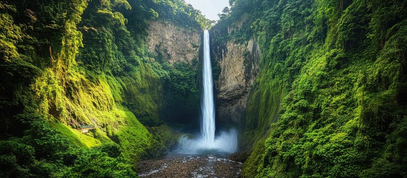 Majestic waterfall cascading down rocky cliffs, surrounded by lush green jungle foliage, under a clear blue sky with sunlight filtering through leaves.
