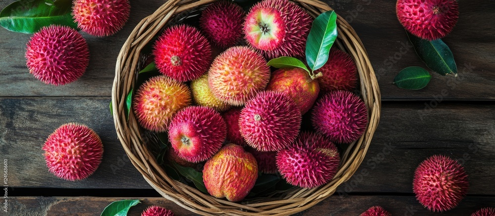 Poster Vibrant rose apples and rambutan arranged in a wicker basket atop a rustic wooden table creating a colorful and fresh fruit display