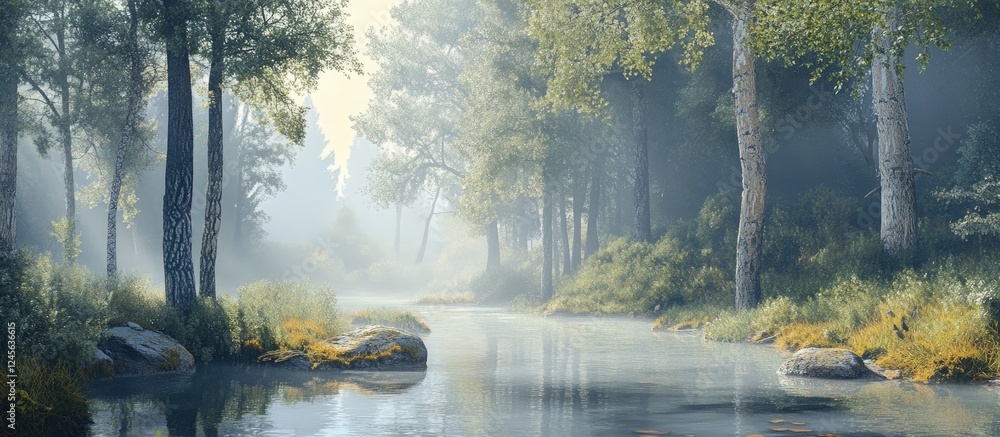 Poster serene forest scene with misty fog and calm river reflecting soft greens and blues under a tranquil 