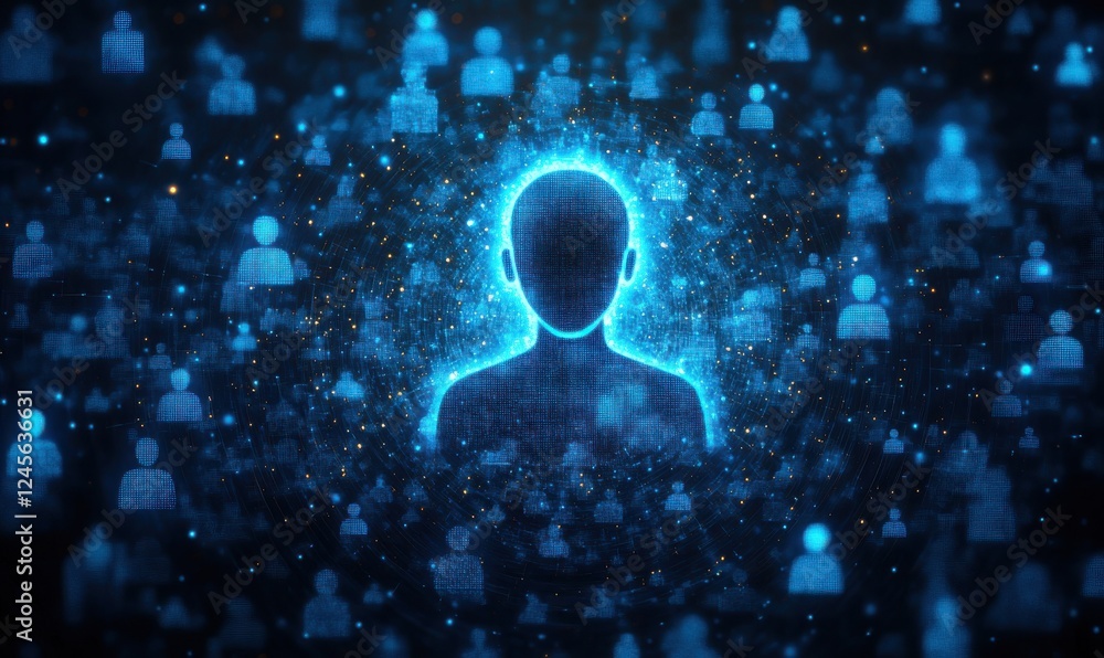 Poster glowing human silhouette surrounded by digital user icons in a starry network environment representi