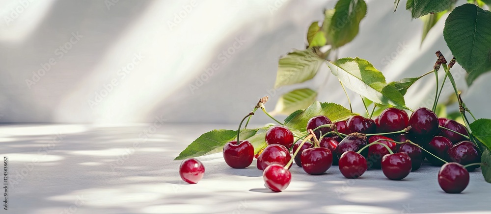 Poster fresh cherries with green leaves arranged on a wooden surface, soft shadows creating a serene backgr