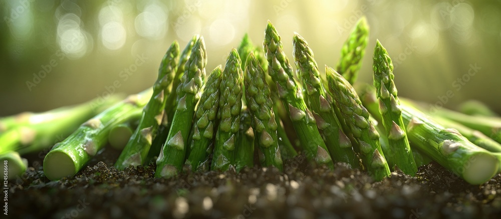 Poster fresh green asparagus spears in various heights arranged in a row over rich brown soil with soft gre