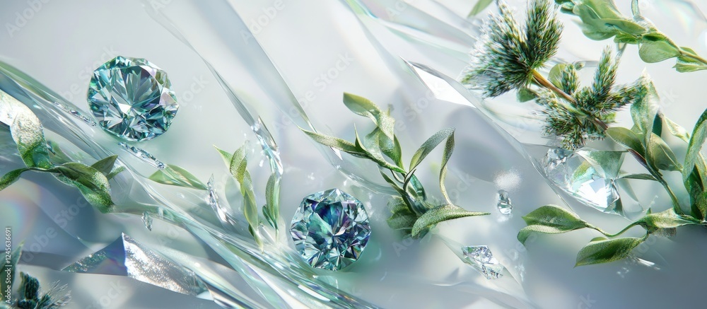 Poster mint and thistle colored gems and leaves arranged artfully on a light backdrop, showcasing a blend o