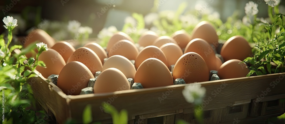 Poster close up view of farm fresh brown chicken eggs arranged in a wooden box surrounded by greenery and f