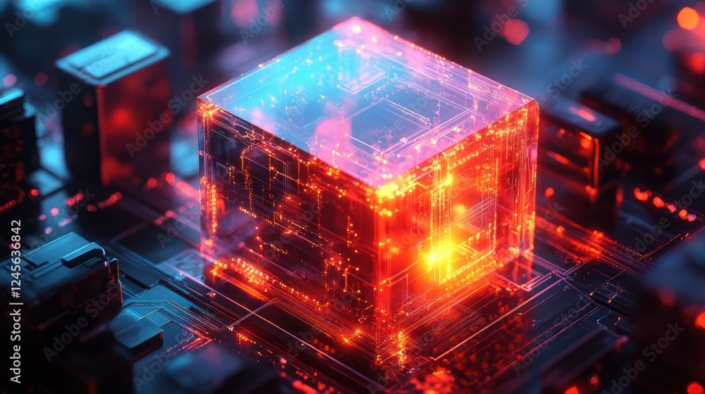 Poster glowing transparent cube on a circuit board.