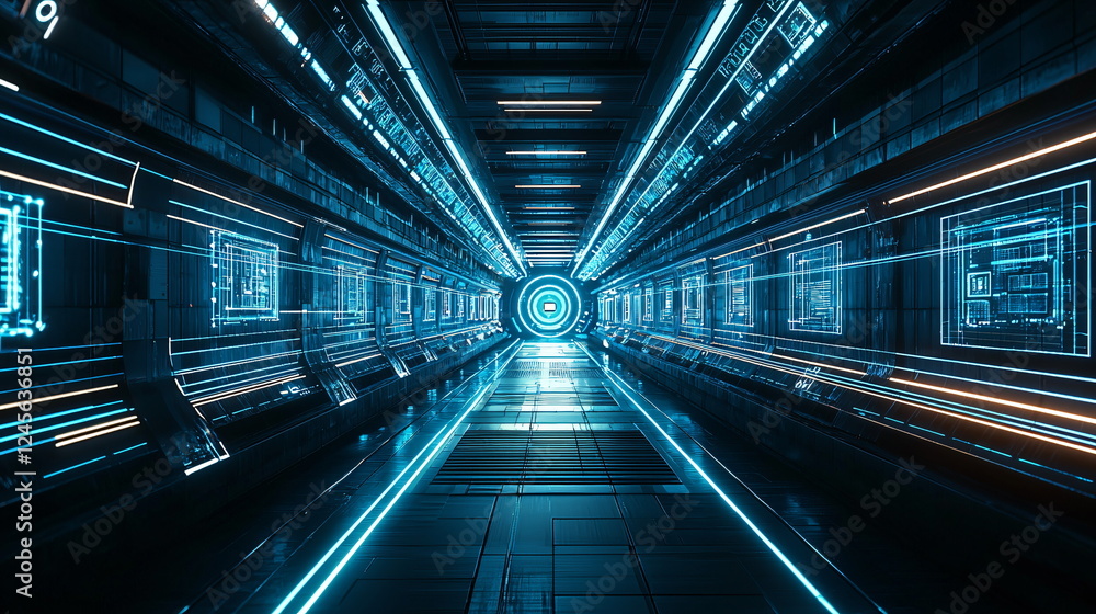 Poster futuristic corridor with glowing blue lights, high-tech environment, perspective view of a digital t
