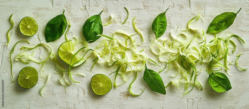Poster Vibrant green lime zest and fresh lime slices with leaves artistically arranged on a rustic white table in an eye-catching top view composition