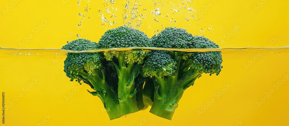 Poster fresh broccoli submerged in water on a bright yellow background highlighting its rich green color an