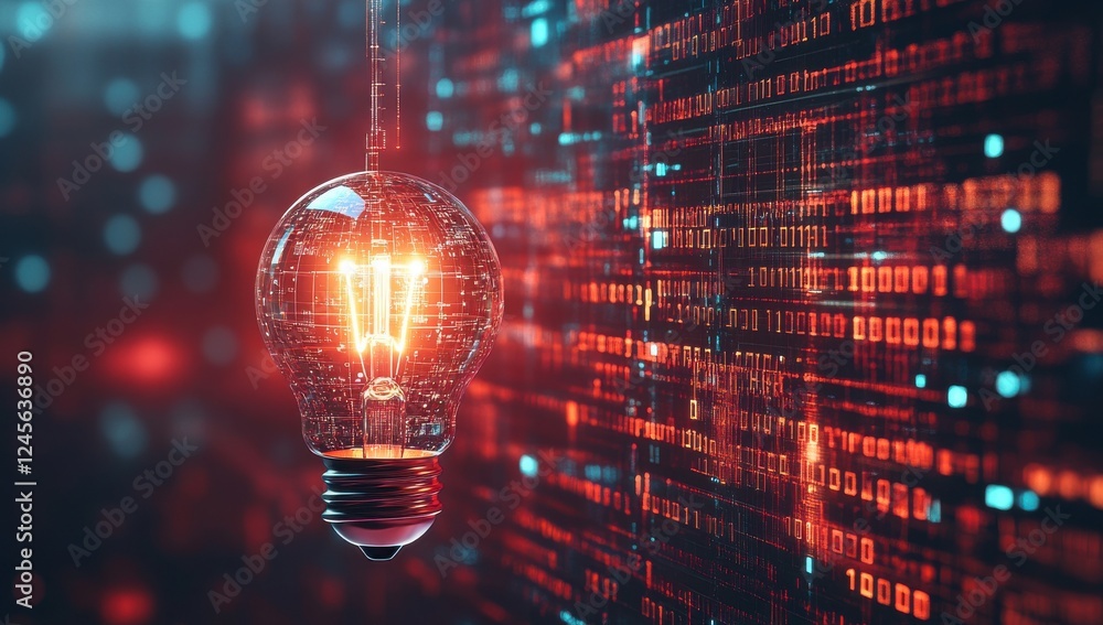 Poster glowing light bulb hanging in front of a binary code wall representing technology, innovation, and d