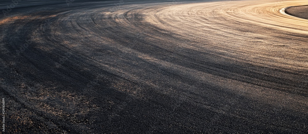 Poster Panoramic view of an empty asphalt racetrack illuminated by golden hour light featuring smooth curves and ample copy space on the left side