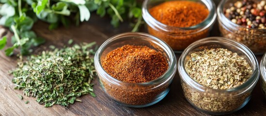 Herb and spice blend in glass jars arranged on wooden surface with green herbs on left side showcasing vibrant colors for BBQ season