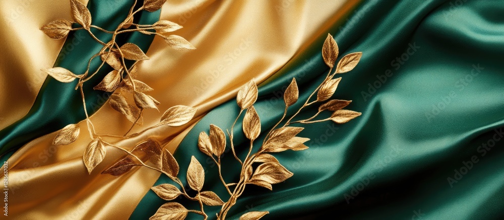 Poster luxurious gold and green silk fabric with intricate leaf branches in the center creating a harmoniou