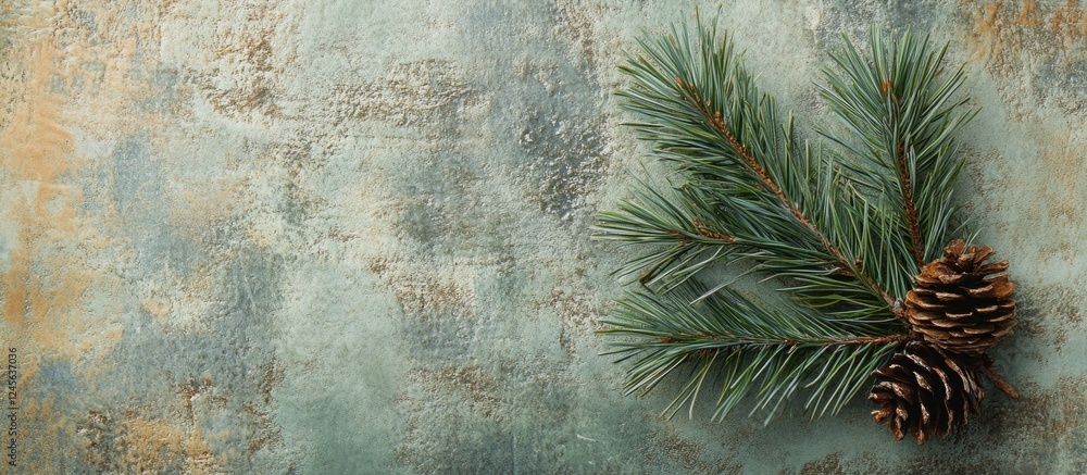 Poster vibrant green pine leaves and cones arranged on a textured beige and gray background highlighting th