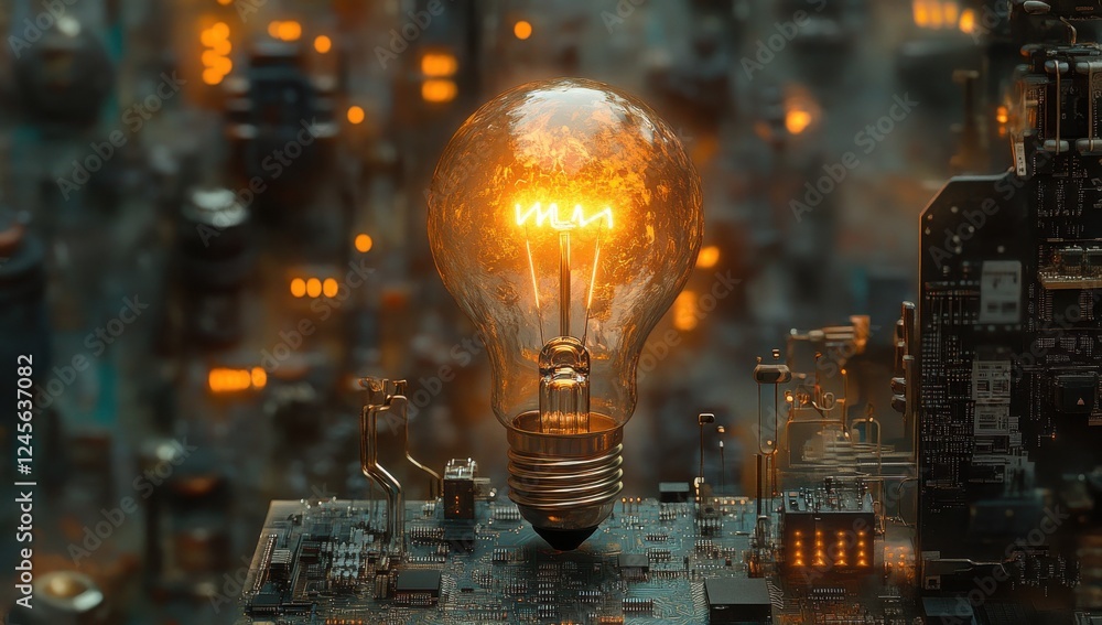 Aufkleber glowing light bulb illuminating circuit board with abstract backgrounds surrounded by electric compo